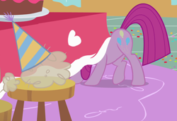 Size: 1170x801 | Tagged: safe, screencap, character:pinkamena diane pie, character:pinkie pie, species:earth pony, species:pony, episode:party of one, g4, my little pony: friendship is magic, season 1, cake, chair, cropped, female, flour, food, hiding, madame leflour, mare, solo, table, under the table