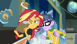 Size: 1263x720 | Tagged: safe, screencap, character:microchips, character:sunset shimmer, episode:all the world's off stage, g4, my little pony:equestria girls, all the world's off stage: micro chips, clothing, cyoa, female, glasses, male, one eye closed
