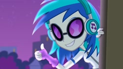 Size: 1280x720 | Tagged: safe, screencap, character:dj pon-3, character:vinyl scratch, equestria girls:rainbow rocks, g4, my little pony:equestria girls, clothing, dj glasses, female, glasses, headphones, smiling, solo, thumbs up