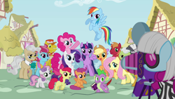 Size: 1280x720 | Tagged: safe, screencap, character:apple bloom, character:applejack, character:big mcintosh, character:carrot cake, character:cup cake, character:fluttershy, character:granny smith, character:mayor mare, character:photo finish, character:pinkie pie, character:rainbow dash, character:rarity, character:scootaloo, character:snails, character:snips, character:spike, character:sweetie belle, character:twilight sparkle, character:twilight sparkle (alicorn), species:alicorn, species:dragon, species:earth pony, species:pegasus, species:pony, species:unicorn, species:zebra, book, camera, colt, cutie mark crusaders, female, filly, intro, male, mane seven, mane six, mare, opening, ponyville, quill, stallion, theme song