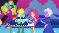 Size: 1920x1080 | Tagged: safe, screencap, character:blueberry cake, character:pinkie pie, character:scott green, episode:twilight under the stars, g4, my little pony:equestria girls, atomic chocolate cake, background human, balloon, bare shoulders, blueberry cake, cake, chocolate, chocolate cake, ear piercing, earring, female, food, heart necklace, jewelry, male, necklace, piercing, plate, scott green, sleeveless, strapless, table
