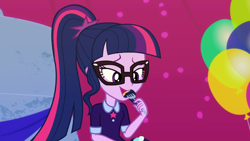 Size: 1920x1080 | Tagged: safe, screencap, character:twilight sparkle, character:twilight sparkle (scitwi), species:eqg human, episode:twilight under the stars, g4, my little pony:equestria girls, atomic chocolate cake, balloon, cake, chocolate, chocolate cake, cute, eating, female, food, fork, glasses, ponytail, solo, twiabetes