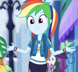 Size: 1080x991 | Tagged: safe, screencap, character:fleur-de-lis, character:ginger owlseye, character:rainbow dash, episode:run to break free, g4, my little pony:equestria girls, arms wide open, background human, beautiful, canterlot city, clothing, cropped, cute, dashabetes, fedora, female, gallop j. fry, geode of super speed, hat, magical geodes, motion blur, singing, solo focus