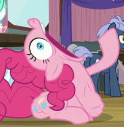 Size: 380x391 | Tagged: safe, screencap, character:midnight snack, character:pinkie pie, species:pony, episode:a trivial pursuit, g4, my little pony: friendship is magic, abdominal bulge, cropped, faec, friendship student, open mouth, stuffing