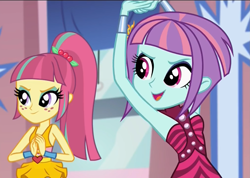 Size: 1521x1080 | Tagged: safe, screencap, character:sour sweet, character:sunny flare, equestria girls:dance magic, g4, my little pony:equestria girls, armpits, arms in the air, crystal prep shadowbolts, duo, duo female, female, freckles, ponytail, sleeveless, smiling