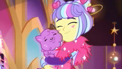 Size: 1366x768 | Tagged: safe, screencap, character:supernova zap, species:dog, episode:lost and pound, g4, my little pony:equestria girls, cute, hug, lost and pound: rarity, nuzzling, princess thunder guts, puppy, su-z, supernova zap