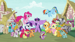 Size: 1280x720 | Tagged: safe, screencap, character:apple bloom, character:applejack, character:big mcintosh, character:carrot cake, character:cup cake, character:fluttershy, character:granny smith, character:mayor mare, character:pinkie pie, character:rainbow dash, character:rarity, character:scootaloo, character:snails, character:snips, character:spike, character:sweetie belle, character:twilight sparkle, character:twilight sparkle (alicorn), character:zecora, species:alicorn, species:dragon, species:earth pony, species:pegasus, species:pony, species:unicorn, species:zebra, book, colt, cutie mark crusaders, female, filly, intro, male, mane seven, mane six, mare, opening, ponyville, quill, stallion, theme song