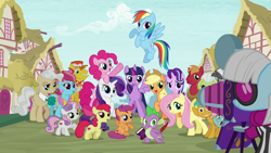 Size: 1280x720 | Tagged: safe, screencap, character:apple bloom, character:applejack, character:big mcintosh, character:carrot cake, character:cup cake, character:fluttershy, character:granny smith, character:mayor mare, character:photo finish, character:pinkie pie, character:rainbow dash, character:rarity, character:scootaloo, character:snails, character:snips, character:spike, character:starlight glimmer, character:sweetie belle, character:twilight sparkle, character:twilight sparkle (alicorn), species:alicorn, species:dragon, species:earth pony, species:pegasus, species:pony, species:unicorn, species:zebra, book, camera, colt, cutie mark, cutie mark crusaders, female, filly, intro, male, mane seven, mane six, mare, opening, ponyville, quill, season 6, stallion, the cmc's cutie marks, theme song