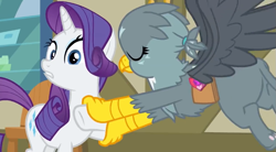 Size: 927x510 | Tagged: safe, screencap, character:gabby, character:rarity, species:griffon, species:pony, species:unicorn, episode:dragon dropped, g4, my little pony: friendship is magic, butt, claw, cropped, female, hooves, mare, plot, shock, smiling