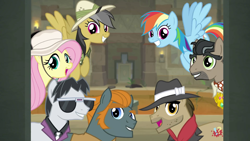 Size: 1920x1080 | Tagged: safe, screencap, character:a.k. yearling, character:biff, character:daring do, character:doctor caballeron, character:fluttershy, character:rainbow dash, character:rogue, character:withers, species:earth pony, species:pegasus, species:pony, episode:daring doubt, g4, my little pony: friendship is magic, clothing, fantasy class, fedora, female, hat, henchmen, male, mare, pith helmet, rogue, sideburns, stallion, sunglasses, temple