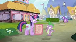 Size: 1600x900 | Tagged: safe, screencap, character:amethyst star, character:diamond tiara, character:silver spoon, character:sparkler, character:spike, character:twilight sparkle, character:twilight sparkle (alicorn), species:alicorn, species:dragon, species:pony, episode:a trivial pursuit, g4, my little pony: friendship is magic, building, bush, chart, flower, hedge, house, lamp post, levitation, magic, saddle bag, telekinesis, winged spike