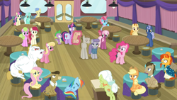 Size: 1600x900 | Tagged: safe, screencap, character:applejack, character:bon bon, character:bulk biceps, character:cheerilee, character:cranky doodle donkey, character:cup cake, character:daisy, character:doctor whooves, character:fluttershy, character:golden crust, character:granny smith, character:lily, character:lily valley, character:lyra heartstrings, character:matilda, character:maud pie, character:midnight snack, character:mudbriar, character:pinkie pie, character:rainbow dash, character:roseluck, character:spike, character:sunburst, character:sweetie drops, character:time turner, character:twilight sparkle, character:twilight sparkle (alicorn), species:alicorn, species:pony, episode:a trivial pursuit, g4, my little pony: friendship is magic, angry, bell, ceiling light, crowd, curtains, disappointed, door, female, friendship student, levitation, magic, male, notepad, podium, sad, scroll, table, telekinesis, unamused, upset