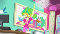 Size: 1914x1080 | Tagged: safe, screencap, species:bird, episode:tip toppings, g4, my little pony:equestria girls, blue jay, braces, cash register, cashier, female, frozen yogurt shop, glasses, orthodontic headgear, pigtails, raised arm, sign, stella sprinkles, tip toppings: fluttershy, twintails