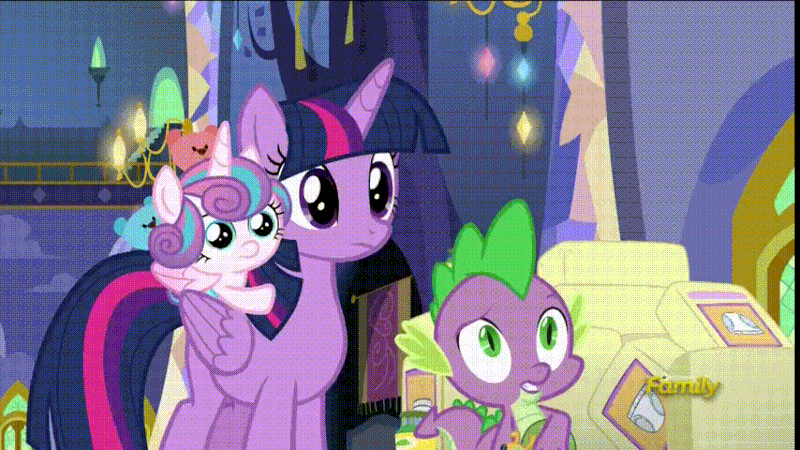Size: 800x450 | Tagged: safe, screencap, character:princess flurry heart, character:spike, character:twilight sparkle, character:twilight sparkle (alicorn), species:alicorn, species:dragon, species:pony, episode:a flurry of emotions, g4, my little pony: friendship is magic, adorable face, animated, castle, cute, discovery family logo, female, filly, flurrybetes, male, mare, no, nodding, teddy bear, twilight's castle, yes