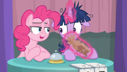 Size: 1366x768 | Tagged: safe, screencap, character:pinkie pie, character:twilight sparkle, character:twilight sparkle (alicorn), species:alicorn, species:pony, episode:a trivial pursuit, g4, my little pony: friendship is magic, bell, curtains, floppy ears, frazzled, levitation, magic, messy mane, nervous, notepad, paper bag, table, telekinesis