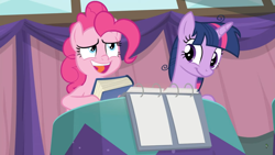 Size: 1366x768 | Tagged: safe, screencap, character:pinkie pie, character:twilight sparkle, character:twilight sparkle (alicorn), species:alicorn, species:pony, episode:a trivial pursuit, g4, my little pony: friendship is magic, book, frazzled, notepad, table