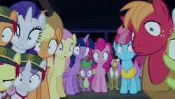 Size: 1915x1080 | Tagged: safe, screencap, character:apple bloom, character:applejack, character:big mcintosh, character:cup cake, character:fluttershy, character:granny smith, character:matilda, character:pinkie pie, character:rarity, character:scootaloo, character:spike, character:sweetie belle, character:twilight sparkle, character:twilight sparkle (alicorn), species:alicorn, species:pegasus, species:pony, species:unicorn, episode:28 pranks later, g4, my little pony: friendship is magic, cropped, shocked, wide eyes