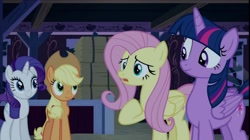Size: 1926x1080 | Tagged: safe, screencap, character:applejack, character:fluttershy, character:rarity, character:twilight sparkle, character:twilight sparkle (alicorn), species:alicorn, species:earth pony, species:pegasus, species:pony, species:unicorn, episode:28 pranks later, g4, my little pony: friendship is magic