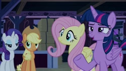 Size: 1911x1080 | Tagged: safe, screencap, character:applejack, character:fluttershy, character:rarity, character:twilight sparkle, character:twilight sparkle (alicorn), species:alicorn, species:earth pony, species:pegasus, species:pony, species:unicorn, episode:28 pranks later, g4, my little pony: friendship is magic