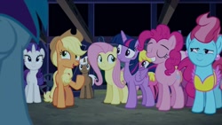 Size: 1913x1080 | Tagged: safe, screencap, character:applejack, character:fluttershy, character:pinkie pie, character:rainbow dash, character:rarity, character:twilight sparkle, character:twilight sparkle (alicorn), species:alicorn, species:earth pony, species:pegasus, species:pony, species:unicorn, episode:28 pranks later, g4, my little pony: friendship is magic, smiling