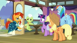 Size: 1920x1080 | Tagged: safe, screencap, character:applejack, character:granny smith, character:rainbow dash, character:sunburst, character:twilight sparkle, character:twilight sparkle (alicorn), species:alicorn, species:pony, episode:a trivial pursuit, g4, my little pony: friendship is magic, saddle bag