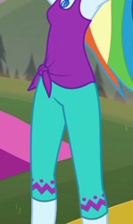 Size: 342x575 | Tagged: safe, screencap, character:rainbow dash, episode:wake up!, g4, my little pony:equestria girls, armpits, belly, clothing, cropped, cute, dashabetes, geode of super speed, legs, magical geodes, pants, stomach, wake up!: rainbow dash, yoga pants