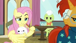 Size: 1920x1080 | Tagged: safe, screencap, character:angel bunny, character:fluttershy, character:granny smith, character:sunburst, species:pony, episode:a trivial pursuit, g4, my little pony: friendship is magic, brush, wing hands, wings