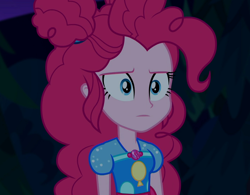 Size: 1384x1080 | Tagged: safe, screencap, character:pinkie pie, equestria girls:sunset's backstage pass, g4, my little pony:equestria girls, cropped, female, geode of sugar bombs, magical geodes, night, outdoors, solo, stare