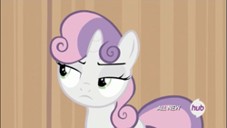 Size: 1334x750 | Tagged: safe, screencap, character:sweetie belle, species:pony, species:unicorn, episode:for whom the sweetie belle toils, annoyed, female, filly, foal, frown, hub logo, listening, multicolored hair, narrowed eyes, solo, sweetie belle is not amused, unamused