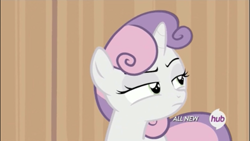 Size: 1334x750 | Tagged: safe, screencap, character:sweetie belle, species:pony, species:unicorn, episode:for whom the sweetie belle toils, female, filly, foal, frown, hub logo, listening, multicolored hair, raised eyebrow, solo, squint, suspicious, sweetie belle is not amused, unamused