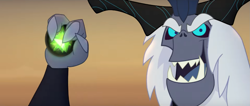 Size: 1361x575 | Tagged: safe, screencap, character:storm king, my little pony: the movie (2017), antagonist, armor, claws, crown, evil grin, fangs, grin, horns, jewelry, obsidian orb, regalia, sky, smiling, teeth, yeti