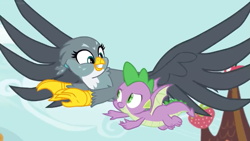 Size: 935x526 | Tagged: safe, screencap, character:gabby, character:spike, species:dragon, species:griffon, episode:dragon dropped, g4, my little pony: friendship is magic, flying, winged spike