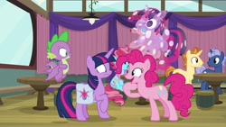 Size: 1920x1080 | Tagged: safe, screencap, character:golden crust, character:midnight snack, character:pinkie pie, character:spike, character:twilight sparkle, character:twilight sparkle (alicorn), species:alicorn, species:dragon, species:pony, episode:a trivial pursuit, g4, my little pony: friendship is magic, balloon, friendship student, saddle bag, shrunken pupils, winged spike