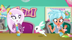 Size: 1912x1080 | Tagged: safe, screencap, character:angel bunny, character:fleur-de-lis, character:frosty orange, species:rabbit, episode:tip toppings, g4, my little pony:equestria girls, angel is a bunny bastard, animal, cup, female, food, froyo, frozen yogurt, frozen yogurt machine, frozen yogurt shop, raccoon, shocked, shocked expression, sign, spill, tip toppings: fluttershy, written equestrian