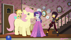 Size: 1366x768 | Tagged: safe, screencap, character:applejack, character:fluttershy, character:posey, character:rarity, character:sunset shimmer, episode:costume conundrum, g1, g4, my little pony:equestria girls, balloon, bow, bulk biceps' home, clothing, costume, costume conundrum: applejack, costume party, dress, pony costume, ripped pants, sleeveless, tail bow, vampire shimmer, wig, wooyoo