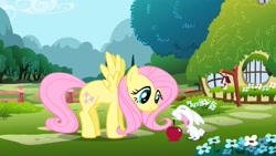 Size: 1920x1080 | Tagged: safe, screencap, character:angel bunny, character:fluttershy, species:pegasus, species:pony, species:rabbit, animal, apple, bird house, fence, flower, food, opening, theme song, tree