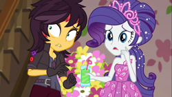 Size: 1366x768 | Tagged: safe, screencap, character:rarity, character:sunset shimmer, episode:costume conundrum, g4, my little pony:equestria girls, bulk biceps' home, clothing, costume, costume conundrum: applejack, costume party, dress, princess dress, scared, shrunken pupils, sleeveless, vampire shimmer, wig