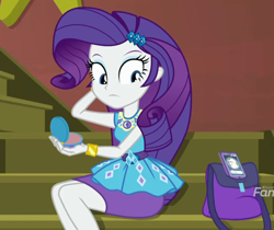 Size: 1254x1052 | Tagged: safe, screencap, character:rarity, episode:costume conundrum, g4, my little pony:equestria girls, bracelet, cellphone, compact mirror, cropped, geode of shielding, handbag, jewelry, legs, magical geodes, pencil skirt, phone, smartphone, sunset's apartment