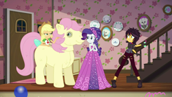 Size: 1280x720 | Tagged: safe, screencap, character:applejack, character:fluttershy, character:posey, character:rarity, character:sunset shimmer, episode:costume conundrum, g1, g4, my little pony:equestria girls, bulk biceps' home, clothing, costume, costume conundrum: applejack, fangs, fluttershy suit, geode of empathy, magical geodes, quadsuit, scared, sleeveless, vampire shimmer, wooyoo