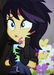Size: 2211x3022 | Tagged: safe, screencap, character:sunset shimmer, episode:costume conundrum, g4, my little pony:equestria girls, beverage, clothing, costume, costume conundrum: applejack, crazy straw, cropped, drink, drinking straw, fangs, female, gloves, solo, vampire shimmer, wig
