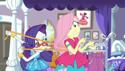 Size: 1600x900 | Tagged: safe, screencap, character:fluttershy, character:rarity, episode:costume conundrum, g4, my little pony:equestria girls, costume conundrum: rarity, geode of fauna, geode of shielding, magical geodes, measuring tape, rarity's bedroom, rarity's glasses, shocked expression
