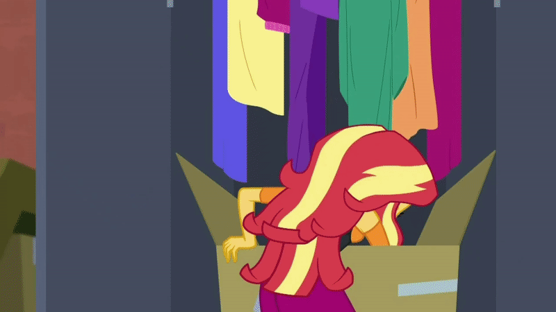 Size: 800x450 | Tagged: safe, screencap, character:fluttershy, character:sunset shimmer, episode:costume conundrum, g4, my little pony:equestria girls, animated, box, closet, clothing, costume, costume conundrum: sunset shimmer, excited, eyes closed, geode of empathy, geode of fauna, gif, hairclip, head shake, holding up, hot dog costume, magical geodes, scared, smiling, terrifying