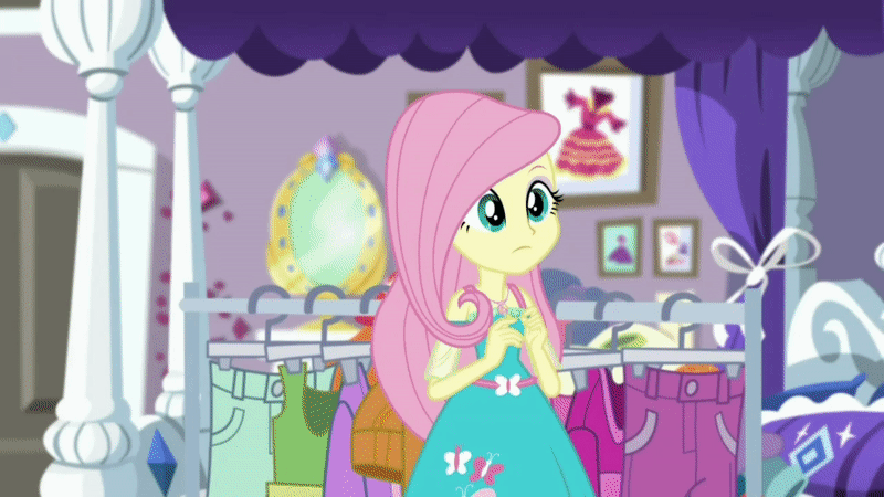 Size: 800x450 | Tagged: safe, screencap, character:fluttershy, character:rarity, episode:costume conundrum, g4, my little pony:equestria girls, animated, bed, cloth, clothing, costume conundrum: rarity, gif, glasses, looking at someone, measuring, measuring tape, moving, pillow, rarity's bedroom, squeeze