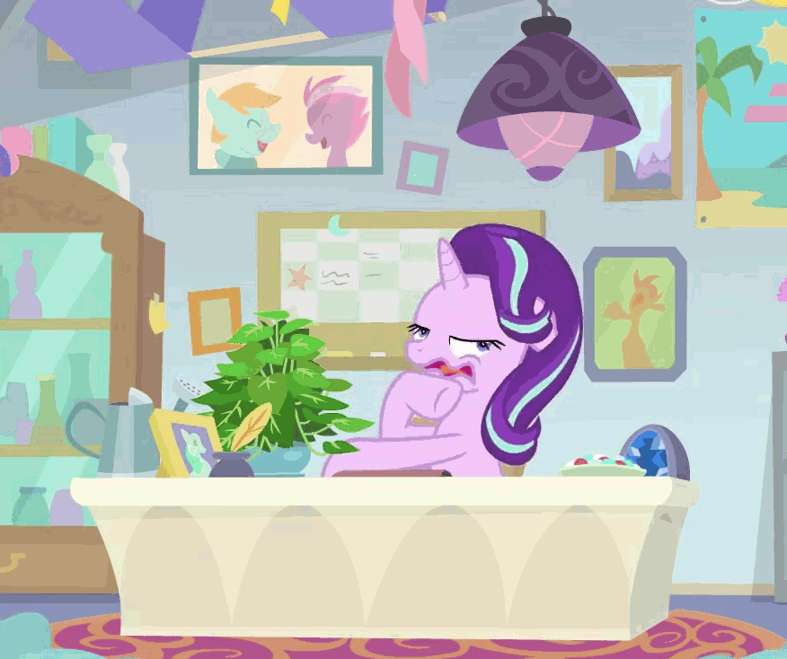 Size: 876x734 | Tagged: safe, screencap, character:phyllis, character:starlight glimmer, species:pony, species:unicorn, episode:a horse shoe-in, g4, my little pony: friendship is magic, animated, blinking, cropped, faec, gif, majestic as fuck, silly, silly face, silly pony, solo, wavy mouth