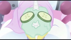 Size: 2224x1251 | Tagged: safe, screencap, character:rarity, episode:dragon dropped, g4, my little pony: friendship is magic, cucumber, food, mud mask, relaxing, spa, towel on head