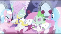 Size: 2224x1251 | Tagged: safe, screencap, character:aloe, character:lotus blossom, character:rarity, character:spike, species:dragon, episode:dragon dropped, g4, my little pony: friendship is magic, cucumber, cucumber pirate, eating, female, food, male, mud mask, nail file, spa, spa twins, winged spike