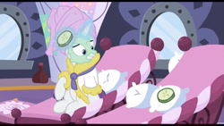 Size: 2224x1251 | Tagged: safe, screencap, character:rarity, episode:dragon dropped, g4, my little pony: friendship is magic, cucumber, cucumber pirate, food, lonely, mud mask, spa