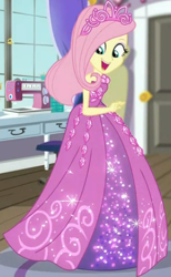 Size: 312x508 | Tagged: safe, screencap, character:fluttershy, episode:costume conundrum, g4, my little pony:equestria girls, beautiful, clothing, costume conundrum: rarity, cropped, cute, dress, female, happy, jewelry, looking down, princess fluttershy, rarity's bedroom, shyabetes, sleeveless, smiling, solo, tiara