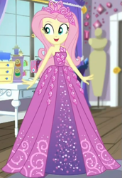Size: 421x613 | Tagged: safe, screencap, character:fluttershy, episode:costume conundrum, g4, my little pony:equestria girls, beautiful, clothing, costume conundrum: rarity, cropped, cute, dress, happy, jewelry, princess fluttershy, rarity's bedroom, shyabetes, sleeveless, smiling, solo, tiara