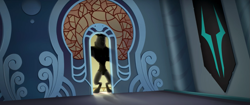 Size: 1359x569 | Tagged: safe, screencap, character:storm king, my little pony: the movie (2017), antagonist, armor, balcony, banner, canterlot castle, canterlot throne room, crown, doorway, evil grin, fangs, grin, horns, jewelry, regalia, shadow, silhouette, smiling, stained glass, storm king's emblem, sunlight, yeti